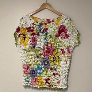 Floral Crinkle Short Sleeve Top - White with Multicolor Flowers